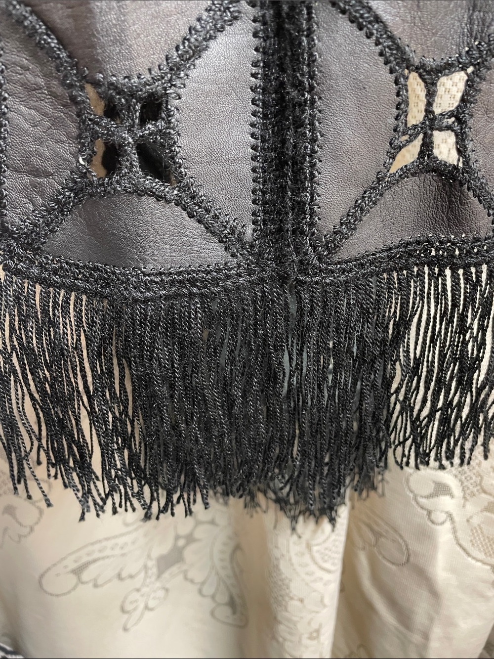 70’s Styled Leather Handcrafted Black Crochet Fringe Wrap Scarf - Picture 2 of 7